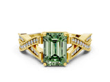 Yellow gold Fancy Green Emerald Cut Cut Diamond Twisted Band with Milgrain Pave Setting and Four-Prong Setting