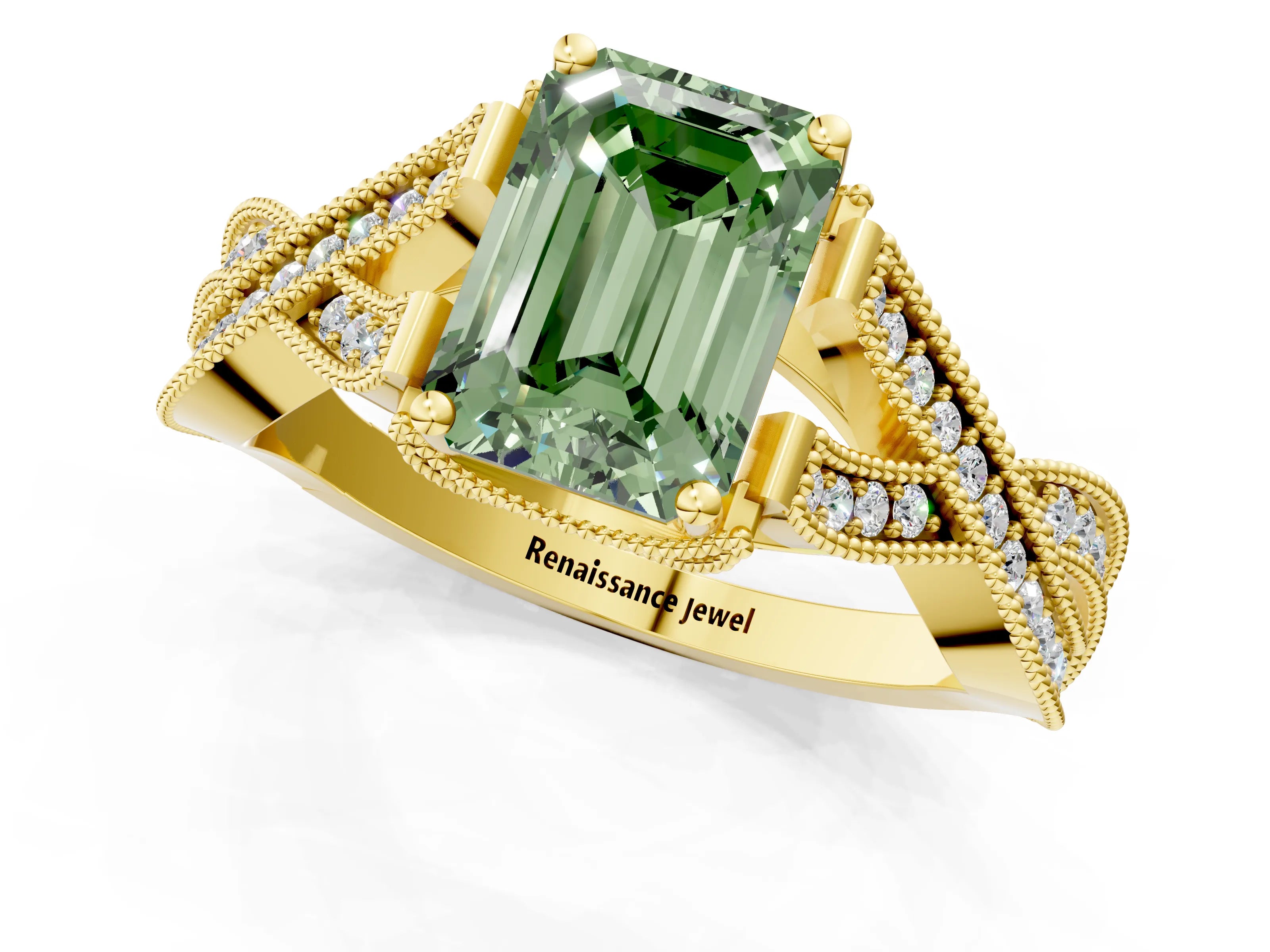 Yellow gold Fancy Green Emerald Cut Cut Diamond Twisted Band with Milgrain Pave Setting and Four-Prong Setting_1