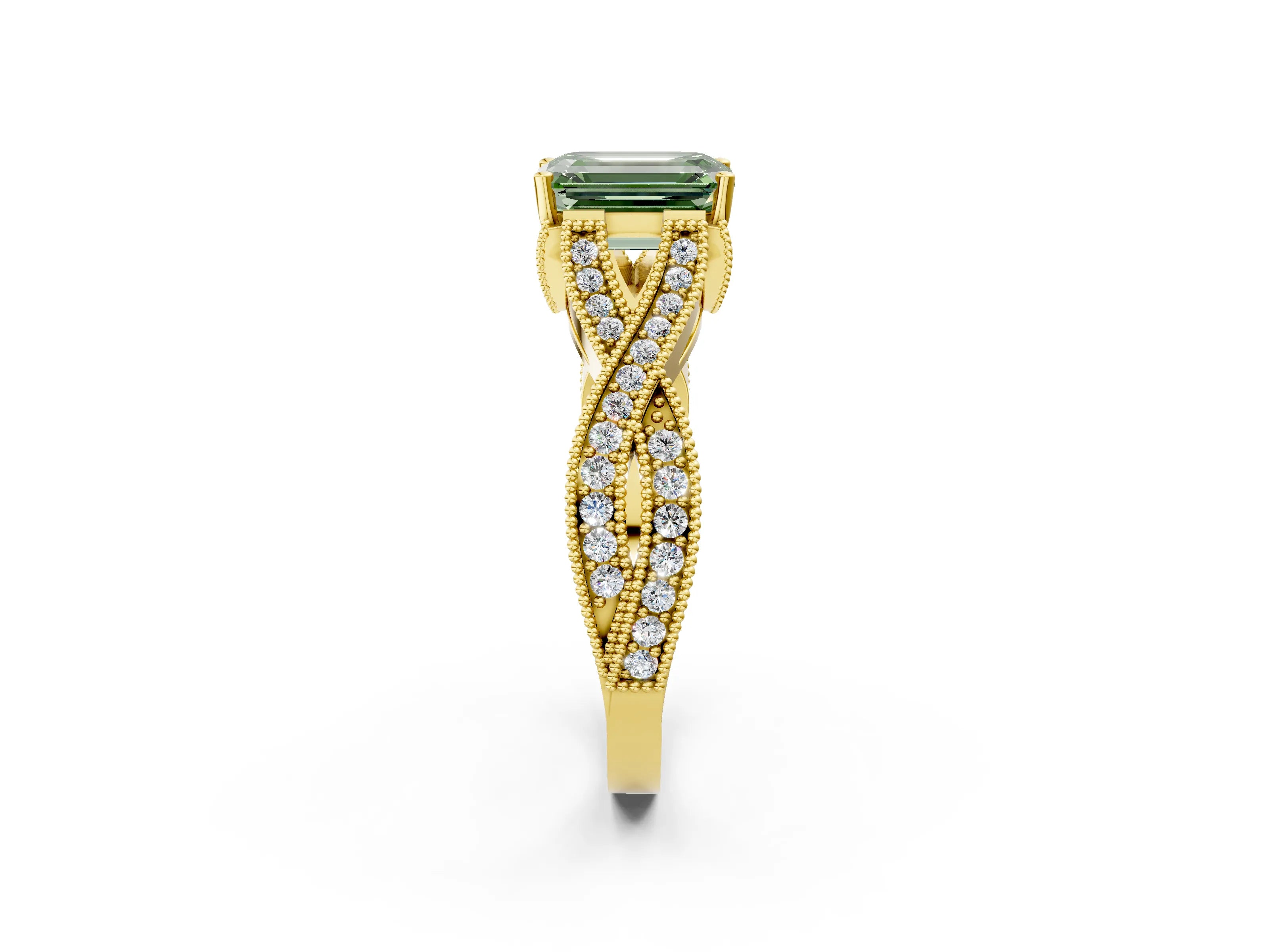 Yellow gold Fancy Green Emerald Cut Cut Diamond Twisted Band with Milgrain Pave Setting and Four-Prong Setting_2