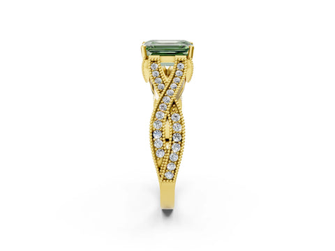 Yellow gold Fancy Green Emerald Cut Cut Diamond Twisted Band with Milgrain Pave Setting and Four-Prong Setting_2