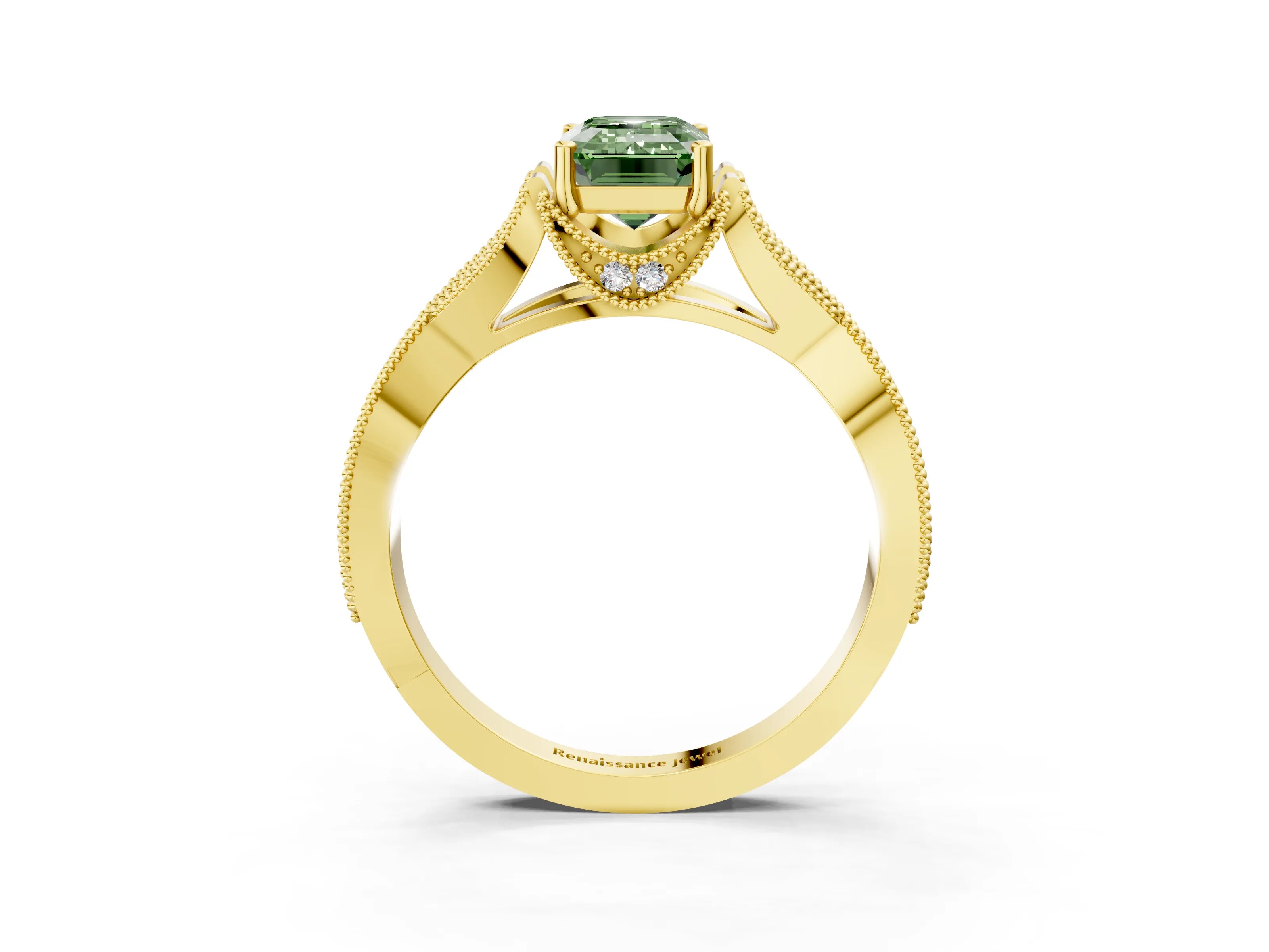 Yellow gold Fancy Green Emerald Cut Cut Diamond Twisted Band with Milgrain Pave Setting and Four-Prong Setting_3