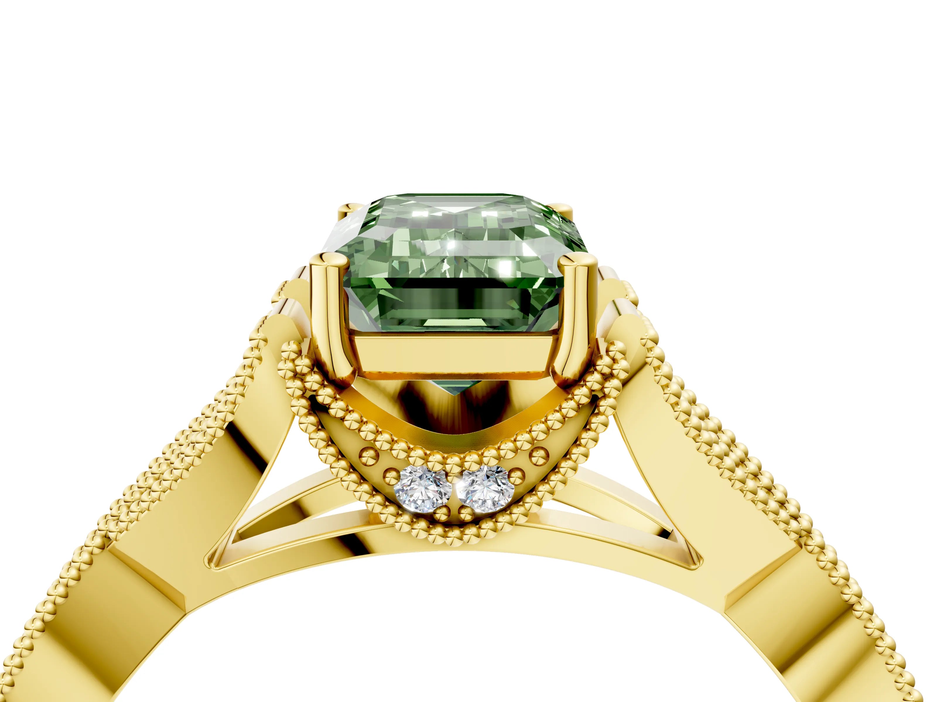 Yellow gold Fancy Green Emerald Cut Cut Diamond Twisted Band with Milgrain Pave Setting and Four-Prong Setting_4