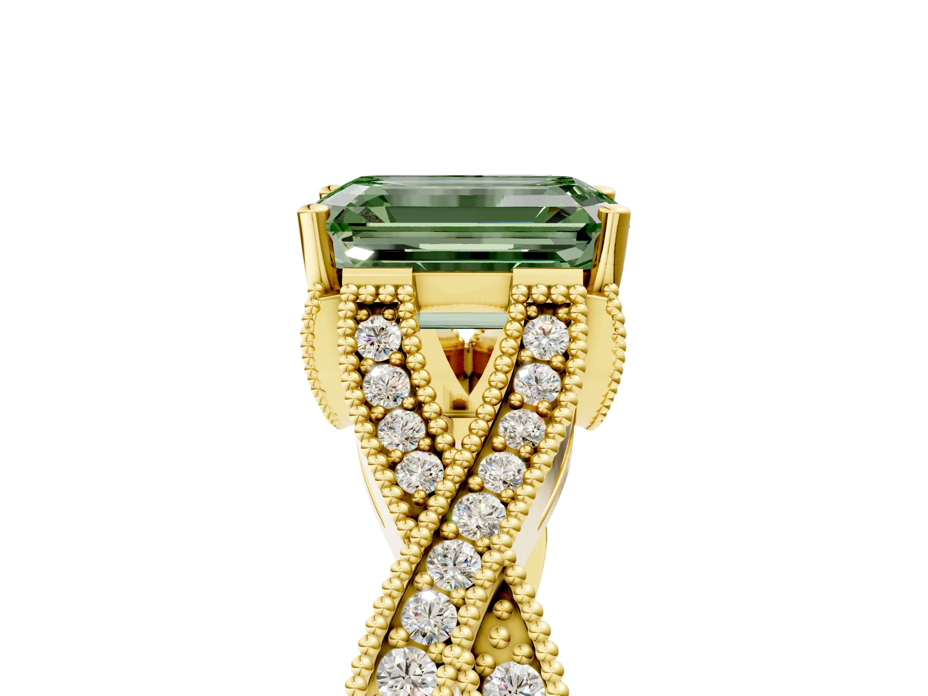 Yellow gold Fancy Green Emerald Cut Cut Diamond Twisted Band with Milgrain Pave Setting and Four-Prong Setting_5