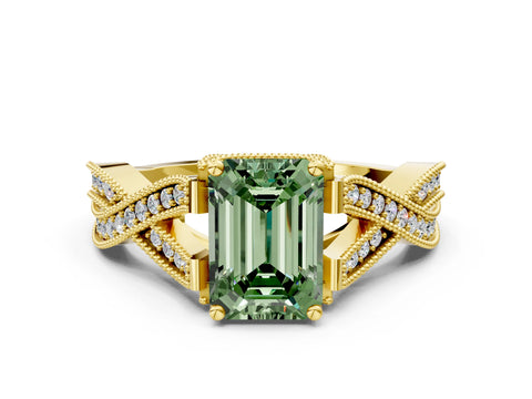 Yellow gold Fancy Green Emerald Cut Cut Diamond Twisted Band with Milgrain Pave Setting and Four-Prong Setting