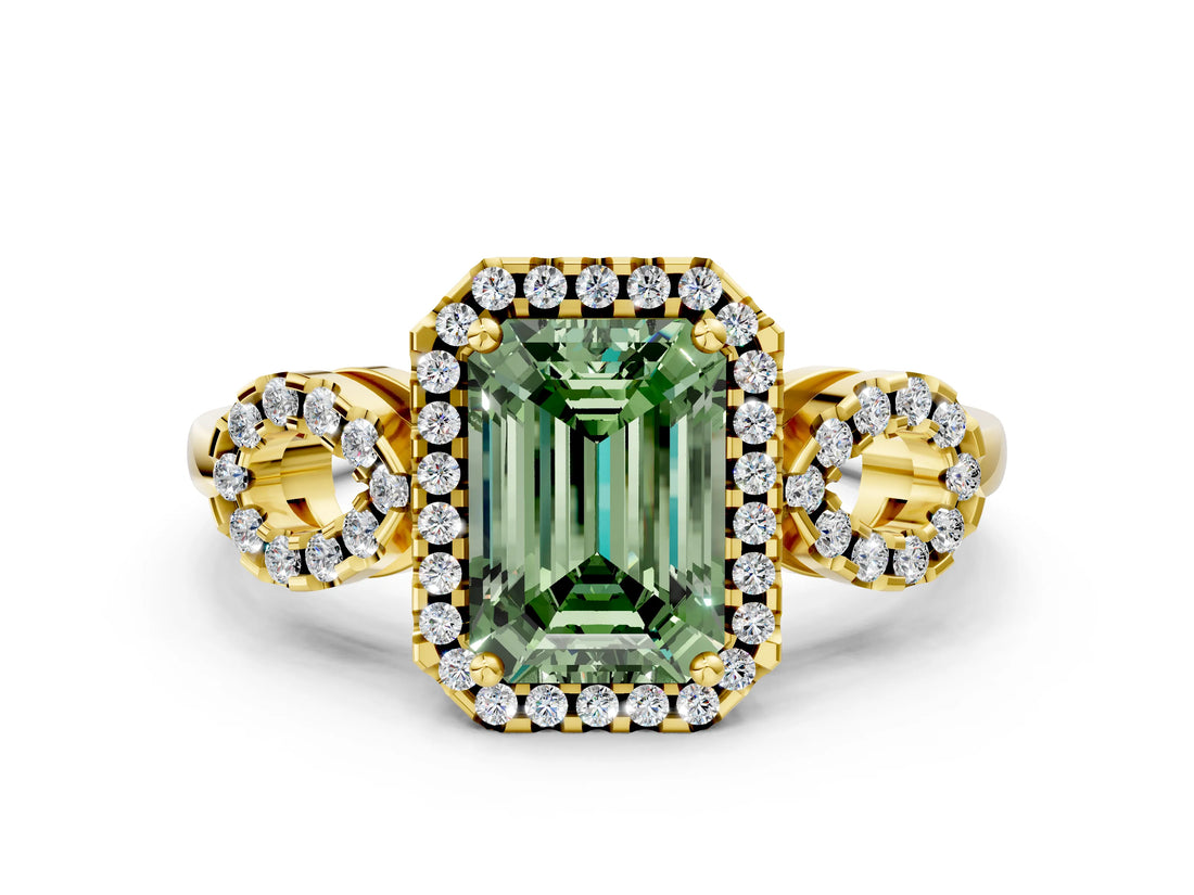 Yellow gold Fancy Green Emerald Cut Cut Halo Diamond Infinity Band with Four-Prong Setting