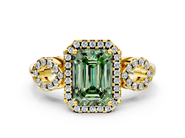 Yellow Gold Emerald Cut Pave Infinity Halo Engagement Ring Setting for Fancy Green Center