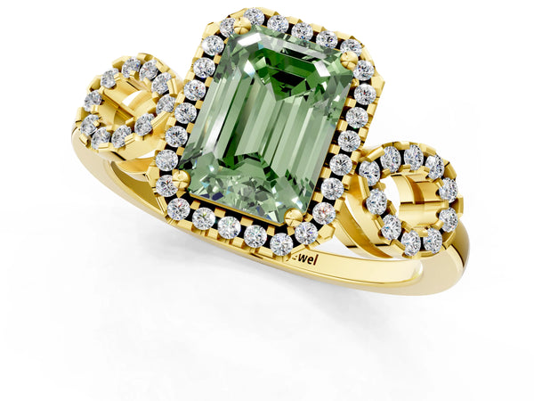 Yellow Gold Emerald Cut Pave Infinity Halo Engagement Ring Setting for Fancy Green Center