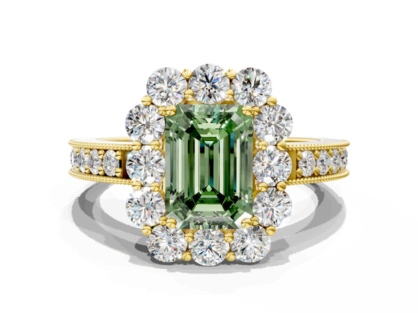 Yellow gold Fancy Green Emerald Cut Cut Halo Diamond Pavé Engagement Ring with Milgrain Detailing