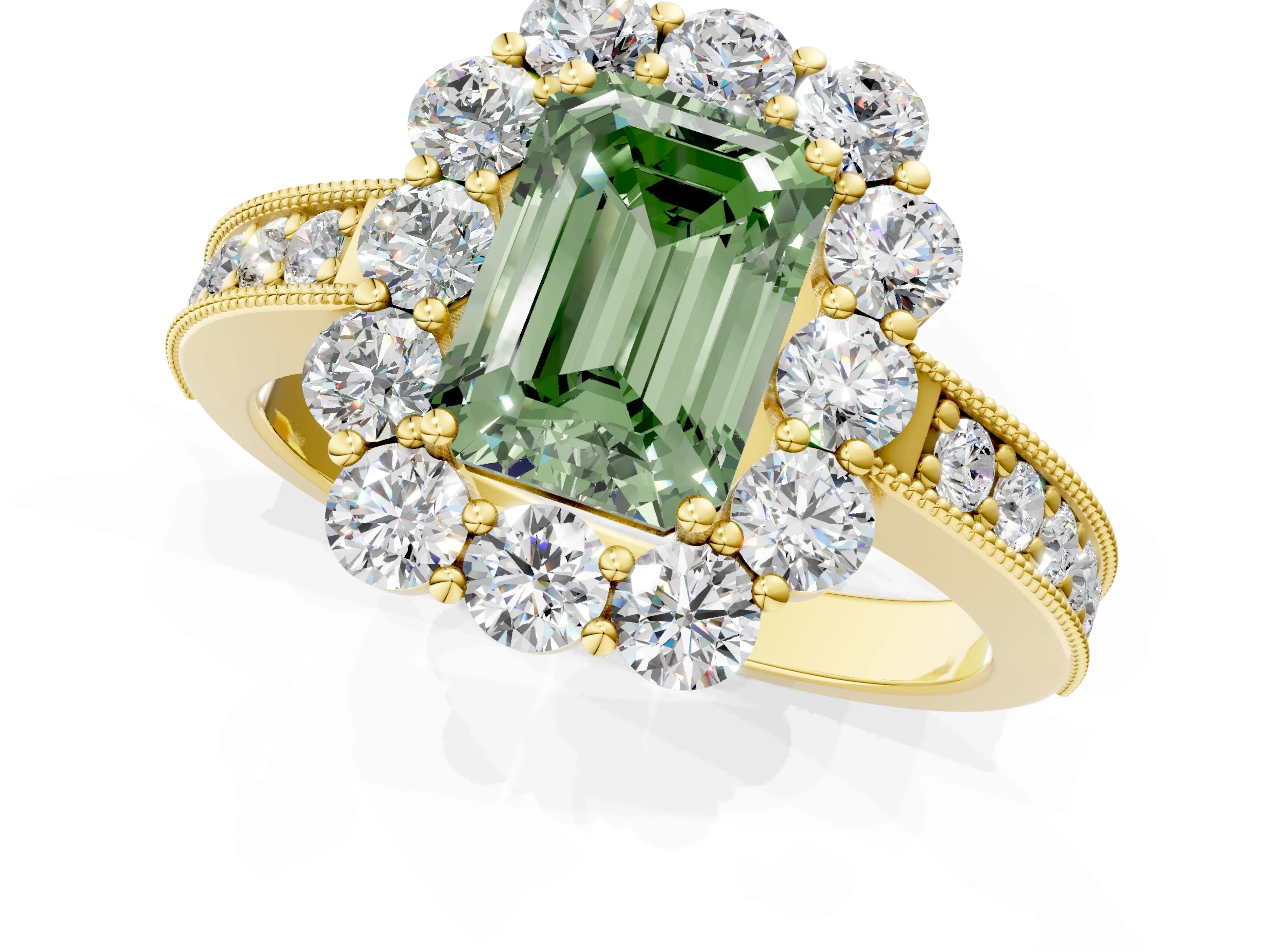 Yellow gold Fancy Green Emerald Cut Cut Halo Diamond Pavé Engagement Ring with Milgrain Detailing_1