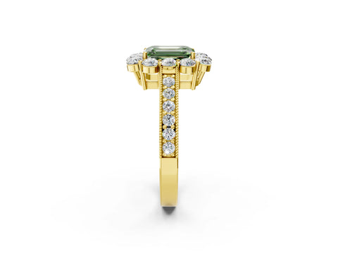 Yellow gold Fancy Green Emerald Cut Cut Halo Diamond Pavé Engagement Ring with Milgrain Detailing_2