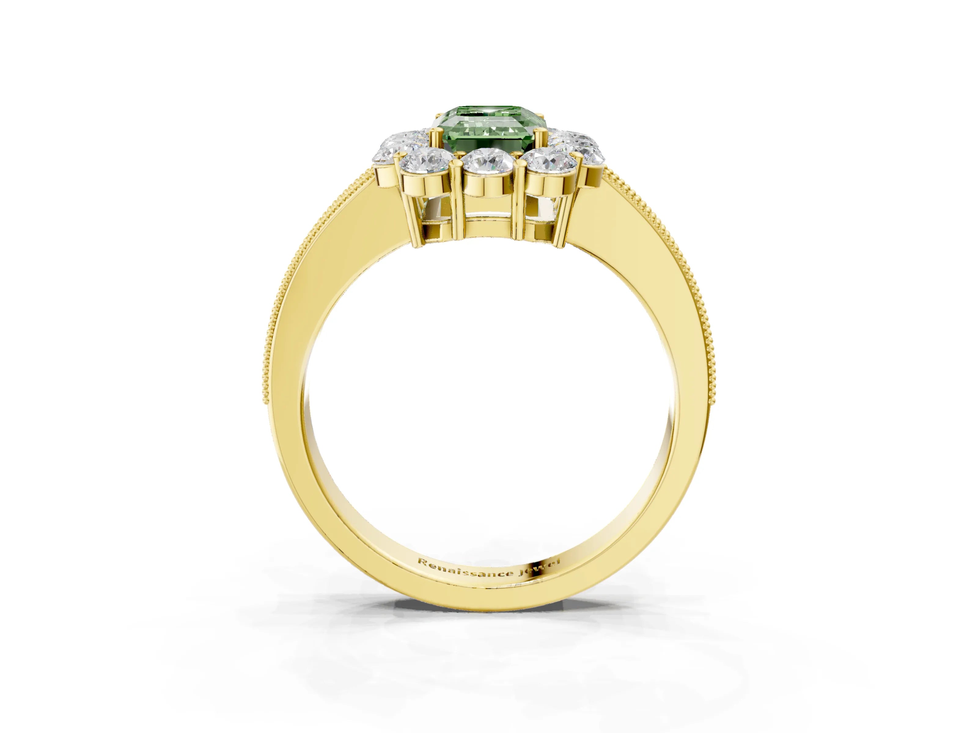 Yellow gold Fancy Green Emerald Cut Cut Halo Diamond Pavé Engagement Ring with Milgrain Detailing_3