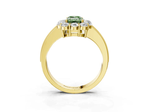 Yellow gold Fancy Green Emerald Cut Cut Halo Diamond Pavé Engagement Ring with Milgrain Detailing_3