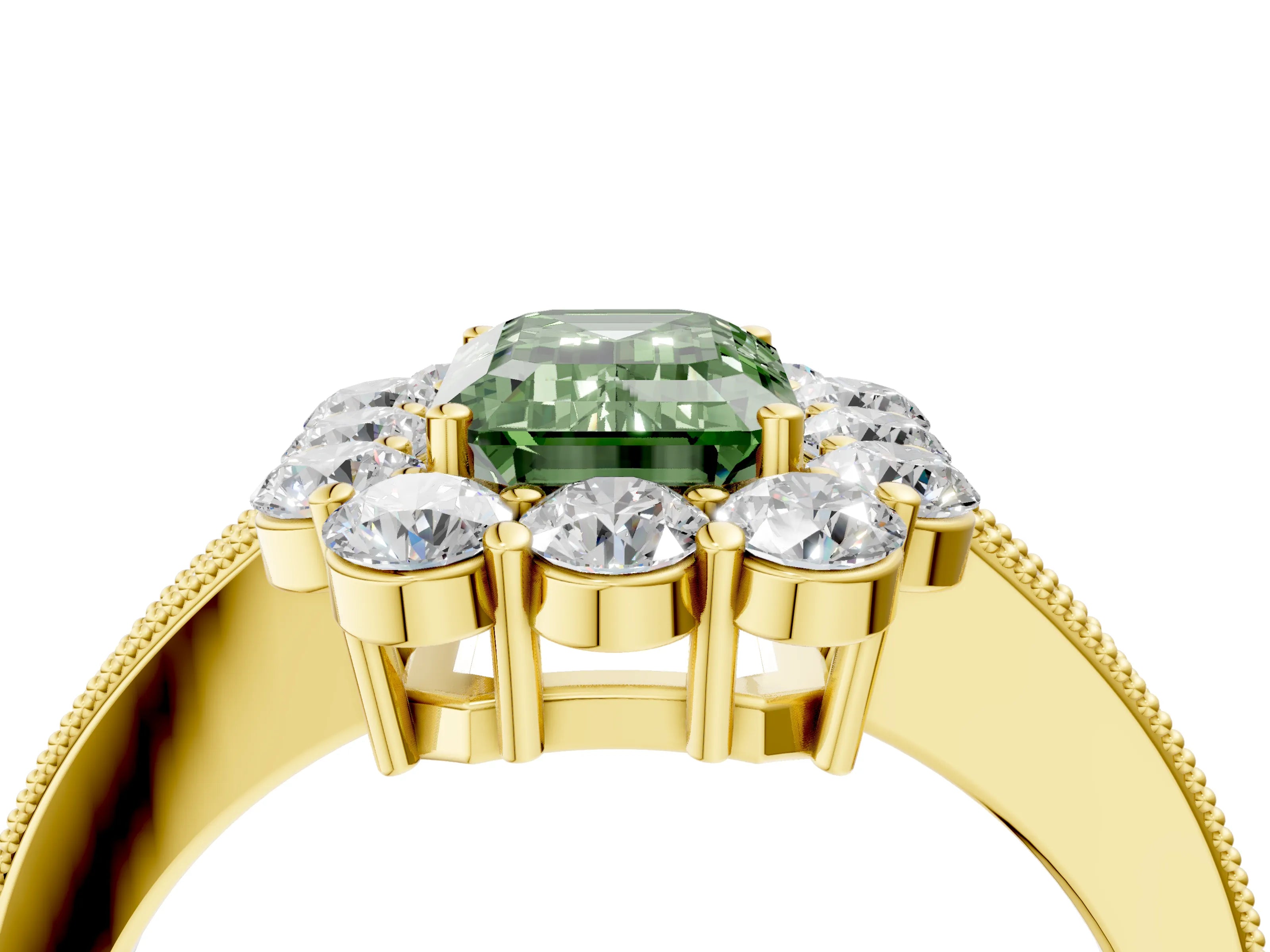 Yellow gold Fancy Green Emerald Cut Cut Halo Diamond Pavé Engagement Ring with Milgrain Detailing_4