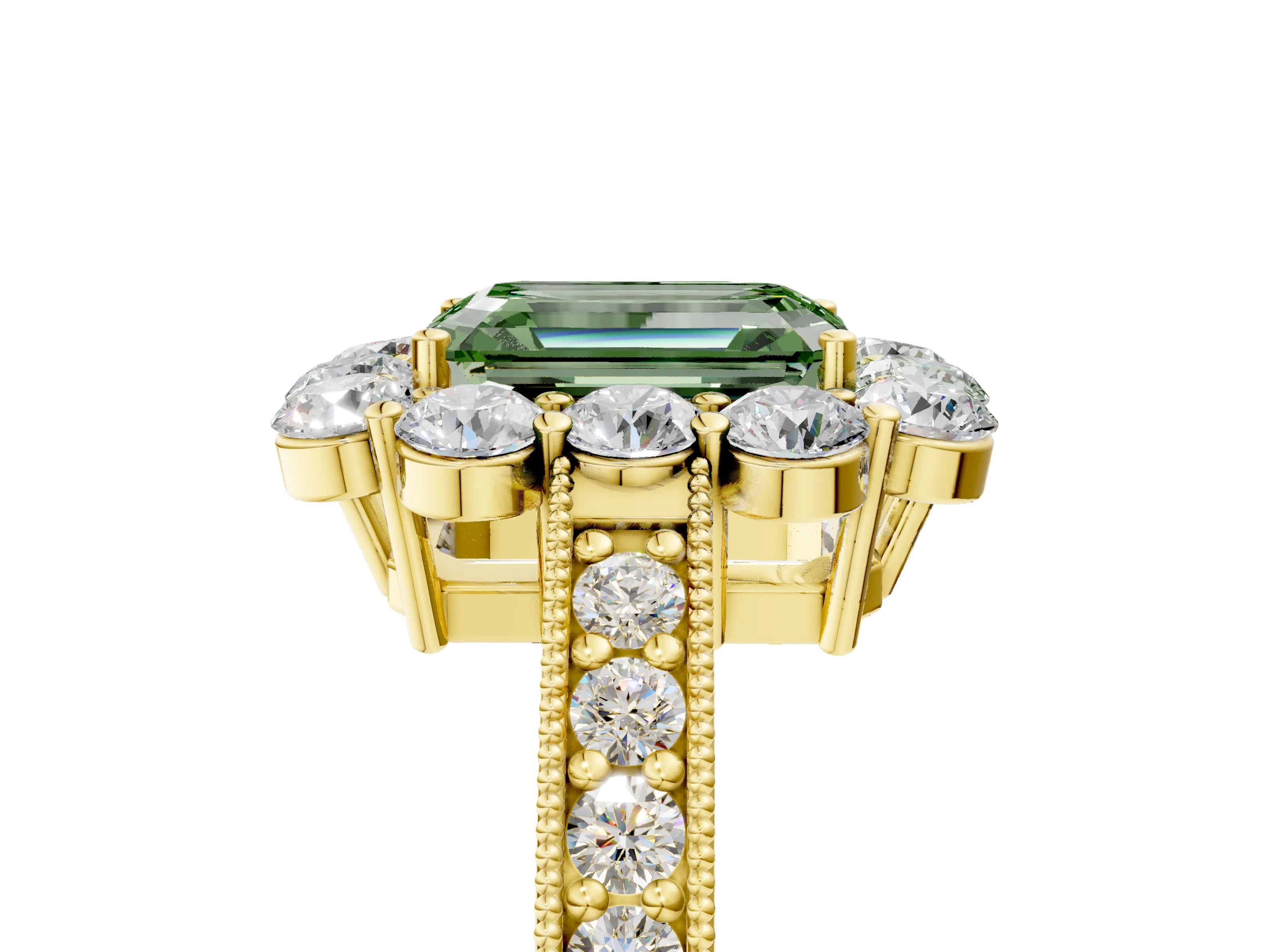 Yellow gold Fancy Green Emerald Cut Cut Halo Diamond Pavé Engagement Ring with Milgrain Detailing_5