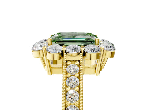 Yellow gold Fancy Green Emerald Cut Cut Halo Diamond Pavé Engagement Ring with Milgrain Detailing_5