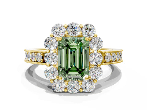 Yellow gold Fancy Green Emerald Cut Cut Halo Diamond Pavé Engagement Ring with Milgrain Detailing