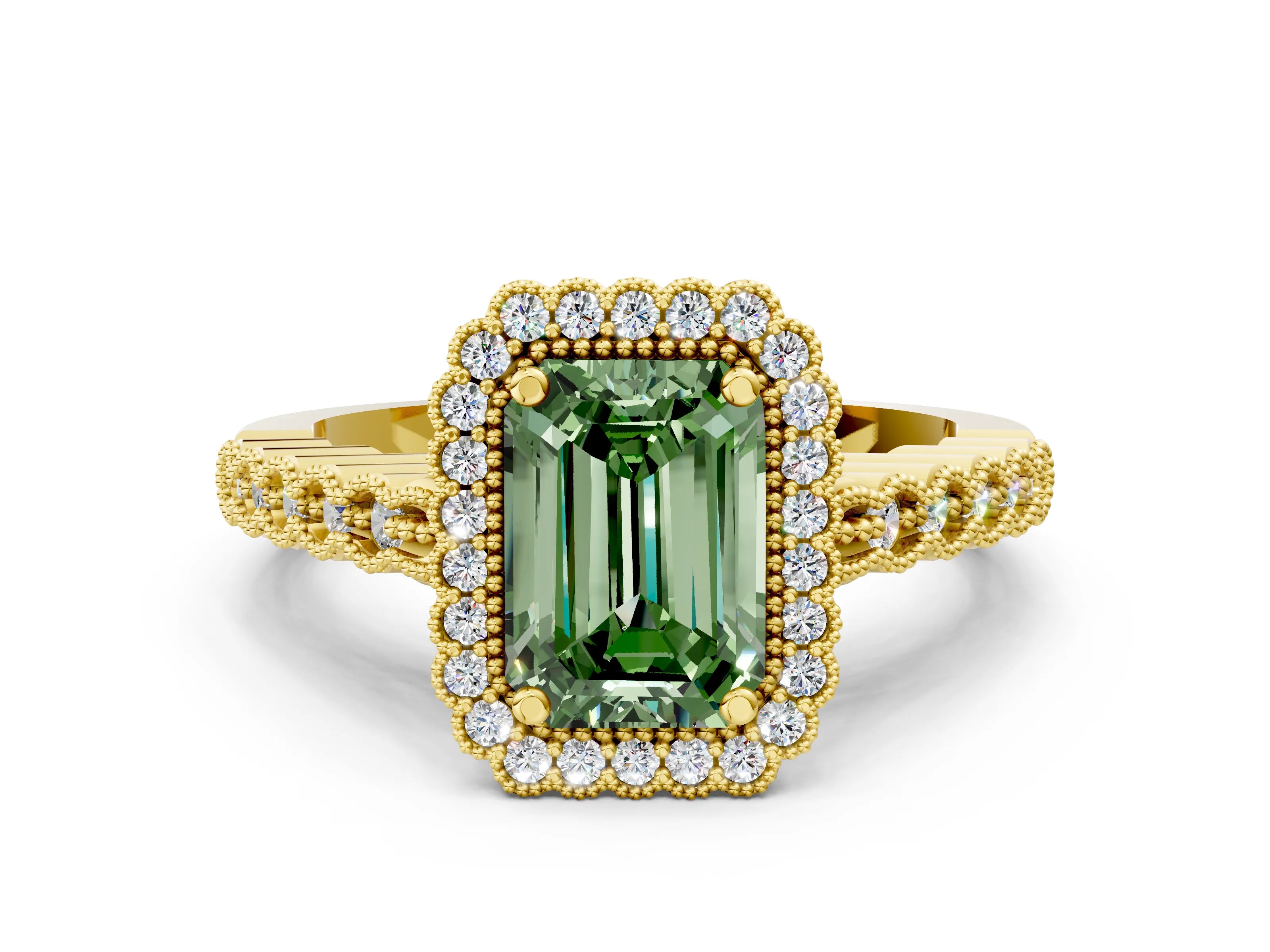 Yellow gold Fancy Green Emerald Cut Cut Halo Pavé Solitaire Ring with Milgrain Band