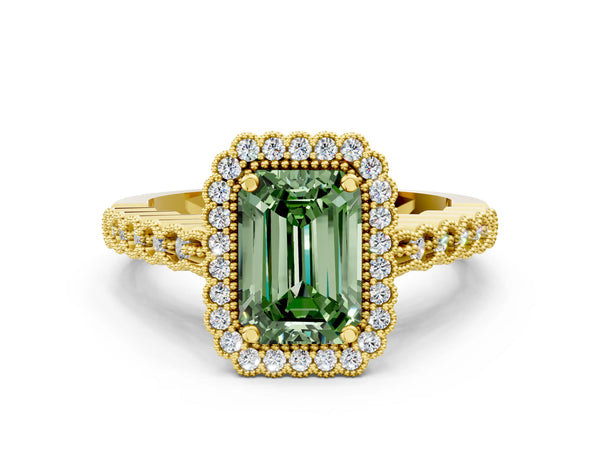 Yellow gold Fancy Green Emerald Cut Cut Halo Pavé Solitaire Ring with Milgrain Band