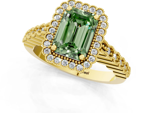 Yellow gold Fancy Green Emerald Cut Cut Halo Pavé Solitaire Ring with Milgrain Band