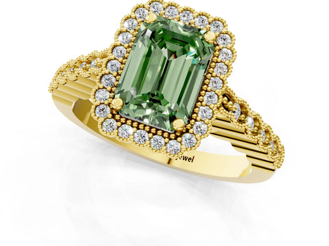 Yellow gold Fancy Green Emerald Cut Cut Halo Pavé Solitaire Ring with Milgrain Band_1