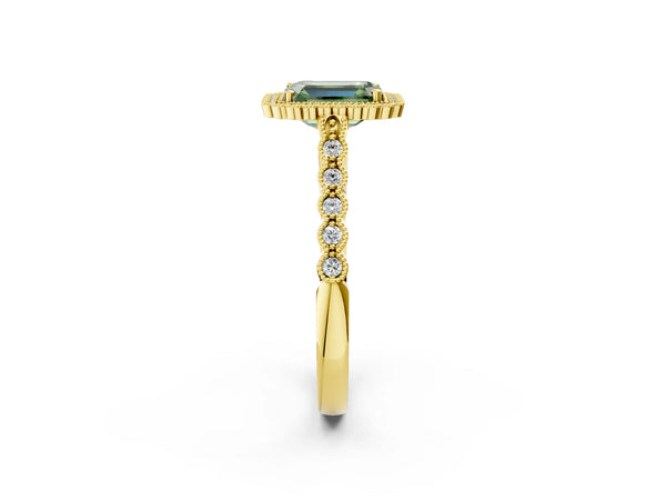 Yellow gold Fancy Green Emerald Cut Cut Halo Pavé Solitaire Ring with Milgrain Band