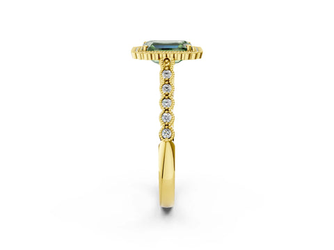 Yellow gold Fancy Green Emerald Cut Cut Halo Pavé Solitaire Ring with Milgrain Band_2