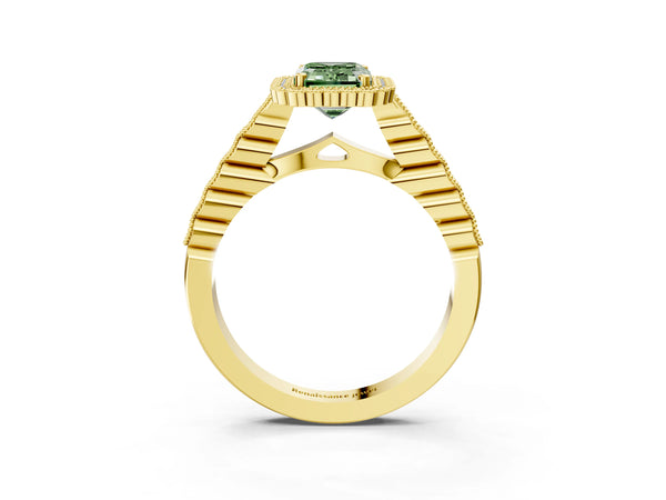 Yellow gold Fancy Green Emerald Cut Cut Halo Pavé Solitaire Ring with Milgrain Band