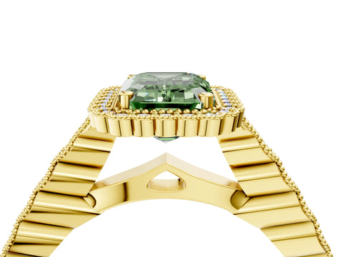 Yellow gold Fancy Green Emerald Cut Cut Halo Pavé Solitaire Ring with Milgrain Band_4