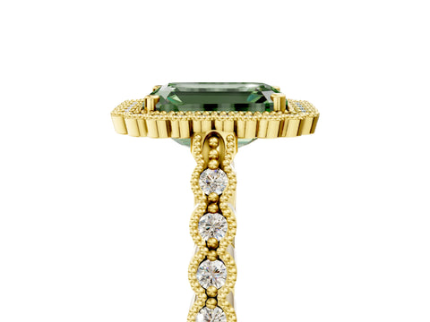 Yellow gold Fancy Green Emerald Cut Cut Halo Pavé Solitaire Ring with Milgrain Band_5