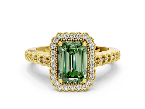 Yellow gold Fancy Green Emerald Cut Cut Halo Pavé Solitaire Ring with Milgrain Band