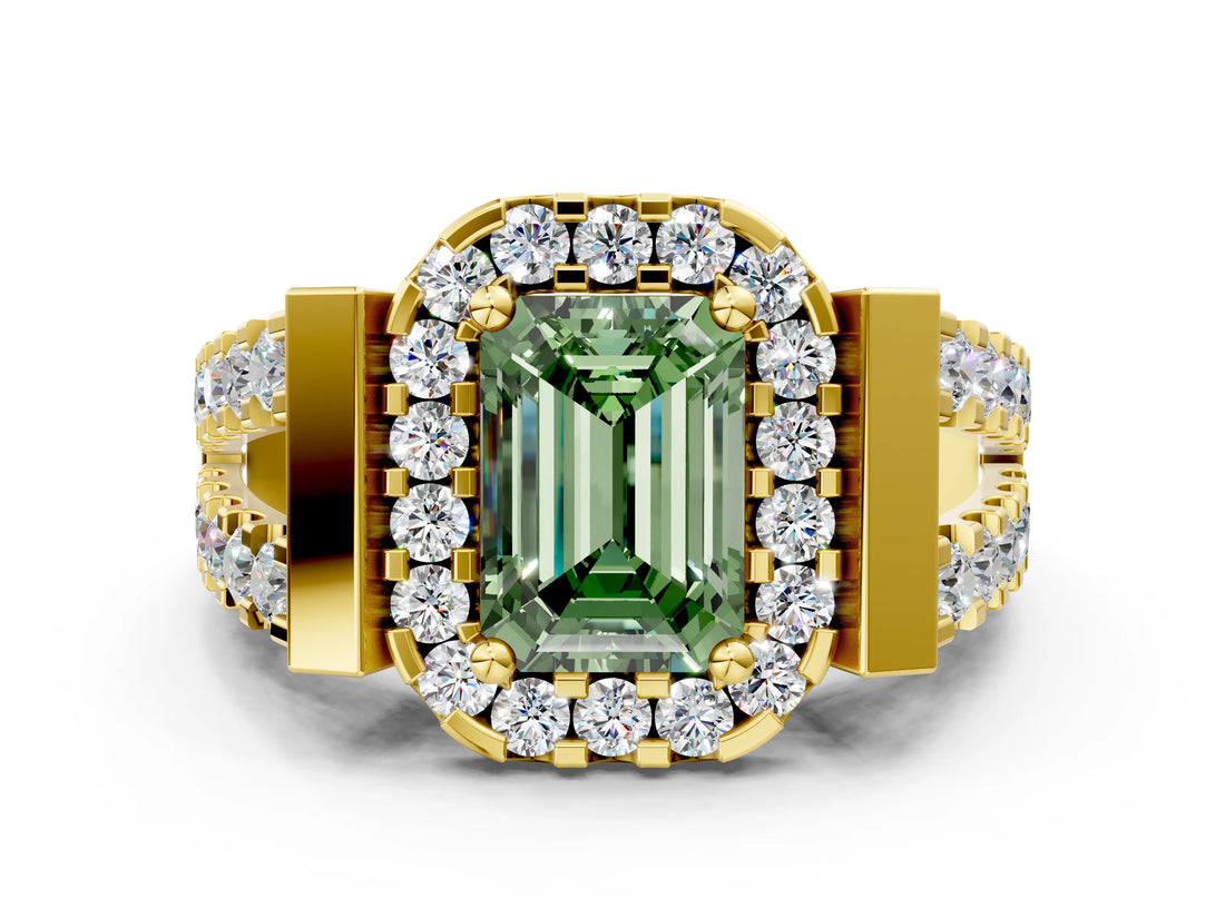 Yellow gold Fancy Green Emerald Cut Cut Halo Split Shank Prong Set Ring