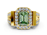 Yellow gold Fancy Green Emerald Cut Cut Halo Split Shank Prong Set Ring
