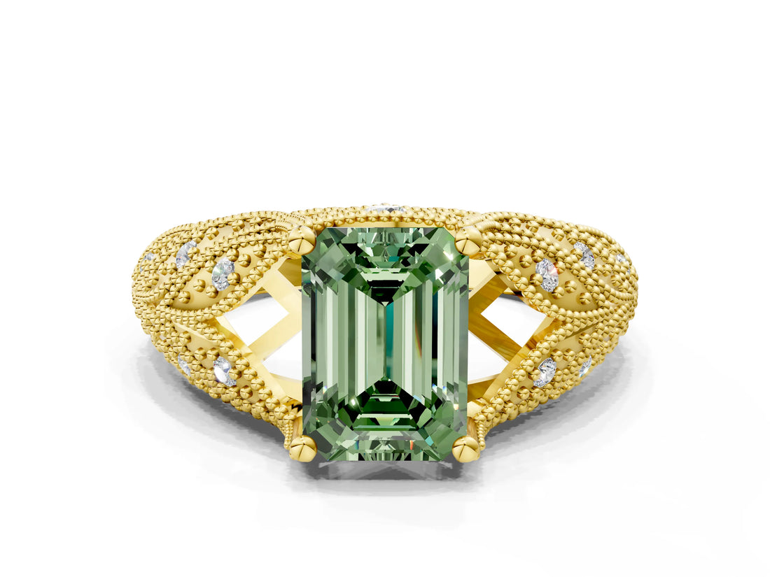 Yellow gold Fancy Green Emerald Cut Cut Milgrain Pave Diamond Engagement Ring with Four-Prong Setting_15