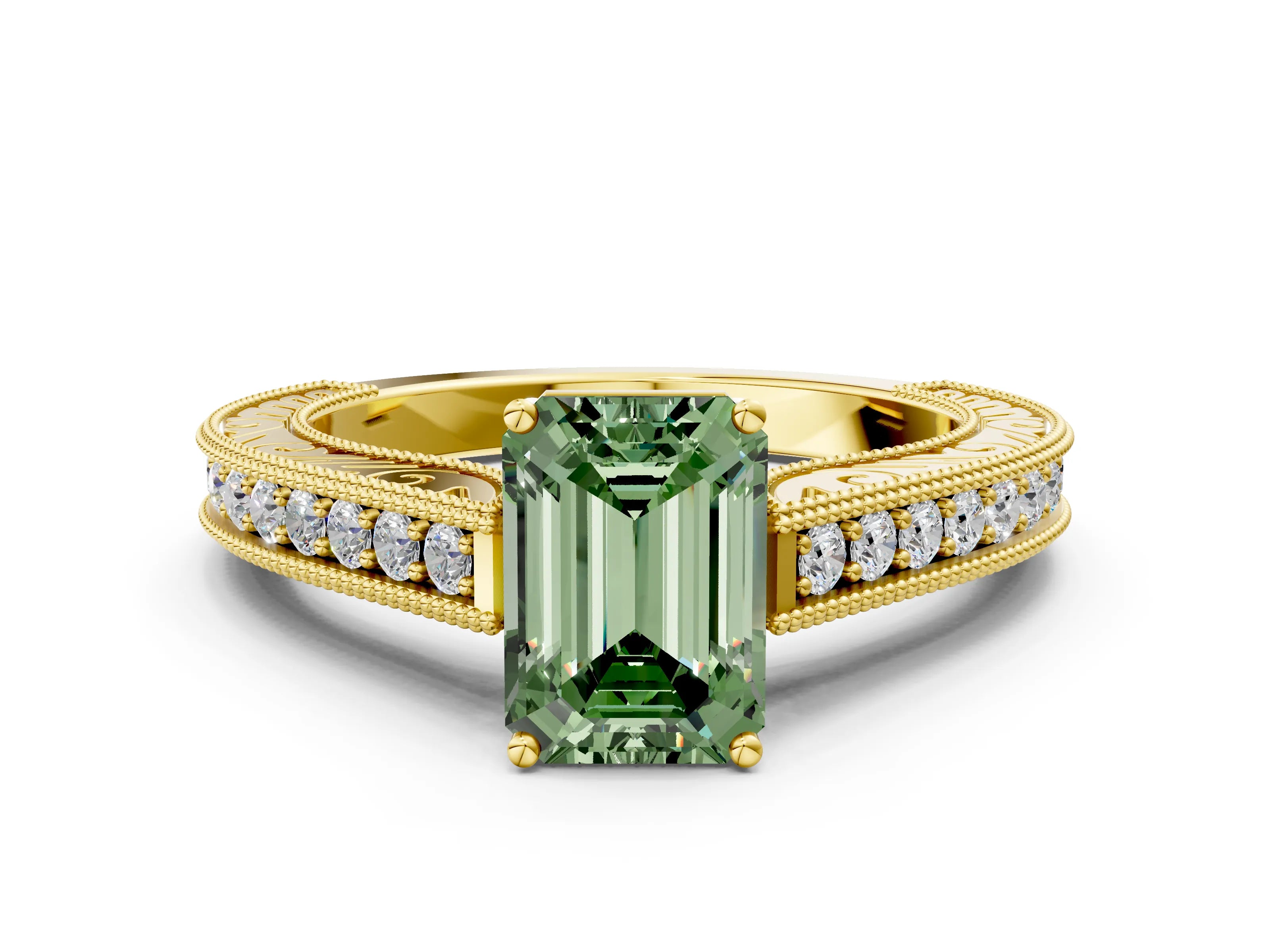 Yellow gold Fancy Green Emerald Cut Cut Pave Band Milgrain Solitaire Ring