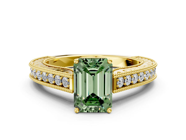 Yellow gold Fancy Green Emerald Cut Cut Pave Band Milgrain Solitaire Ring