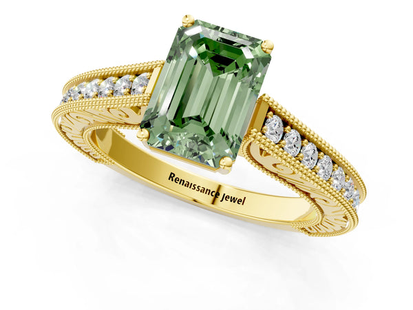 Yellow gold Fancy Green Emerald Cut Cut Pave Band Milgrain Solitaire Ring
