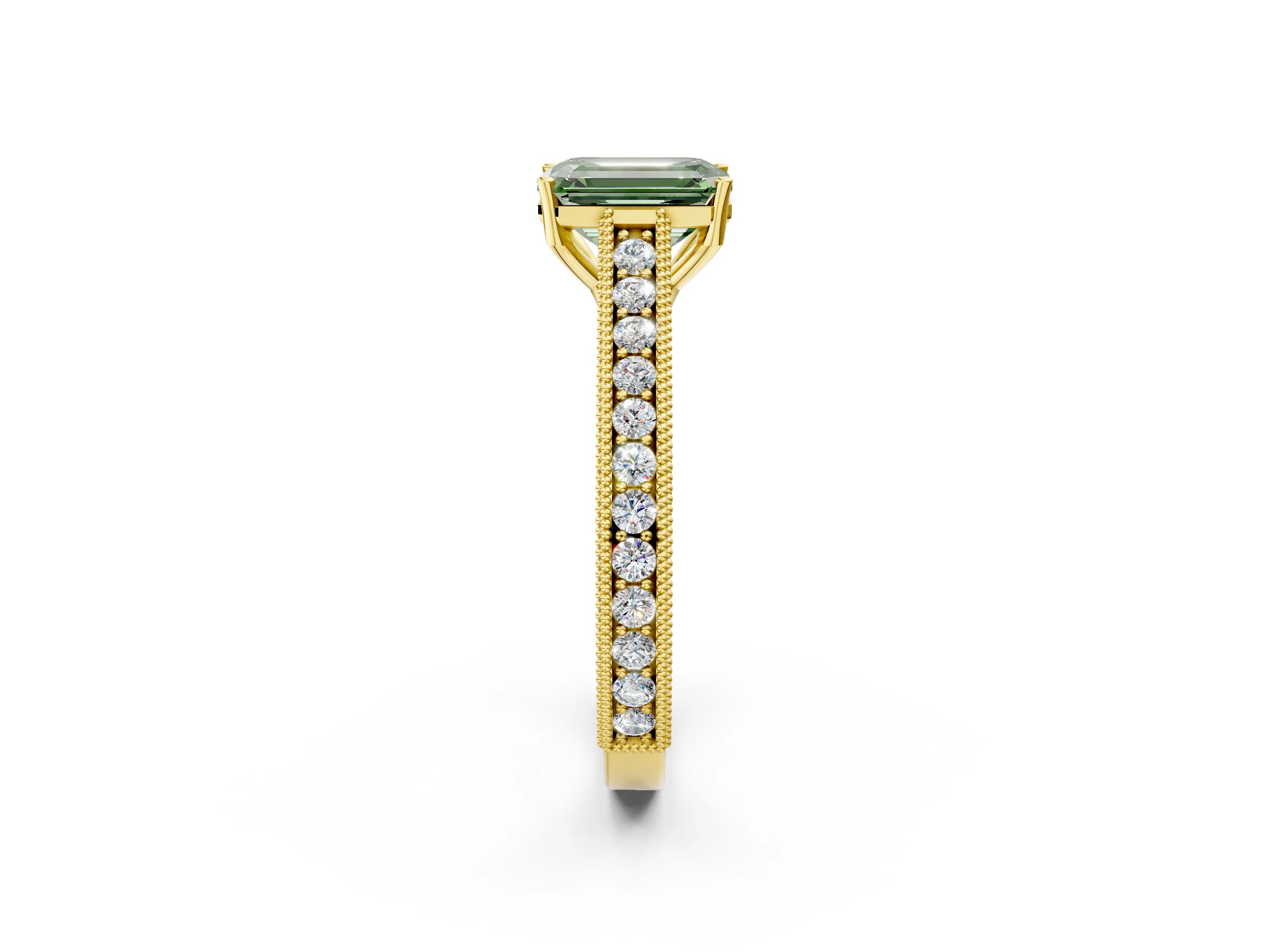 Yellow gold Fancy Green Emerald Cut Cut Pave Band Milgrain Solitaire Ring_2
