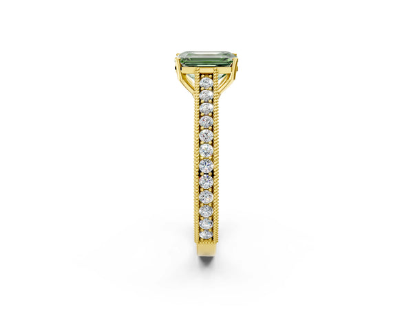 Yellow gold Fancy Green Emerald Cut Cut Pave Band Milgrain Solitaire Ring