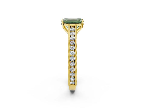 Yellow gold Fancy Green Emerald Cut Cut Pave Band Milgrain Solitaire Ring_2