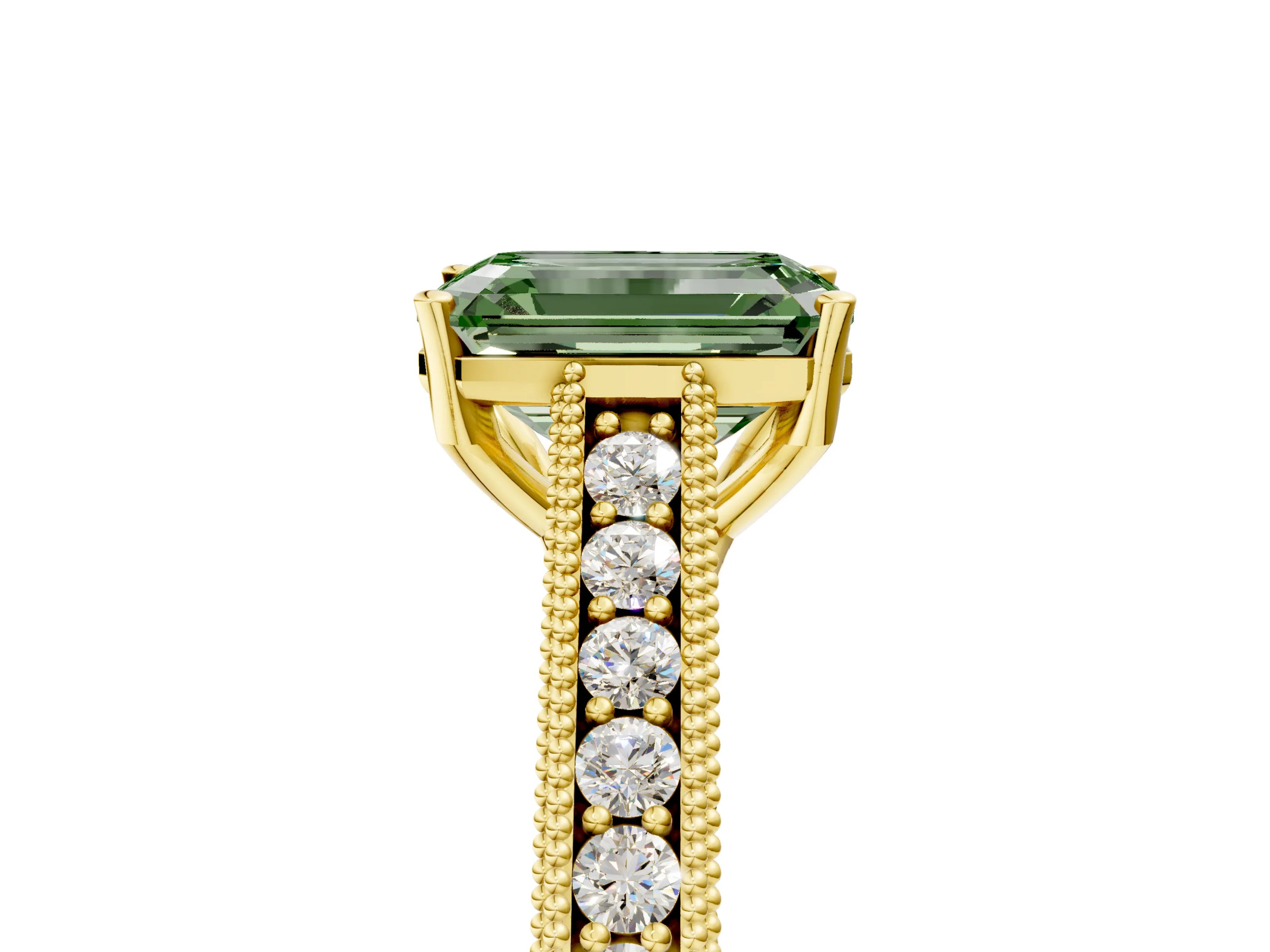 Yellow gold Fancy Green Emerald Cut Cut Pave Band Milgrain Solitaire Ring_5