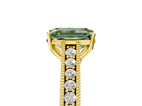 Yellow gold Fancy Green Emerald Cut Cut Pave Band Milgrain Solitaire Ring_5