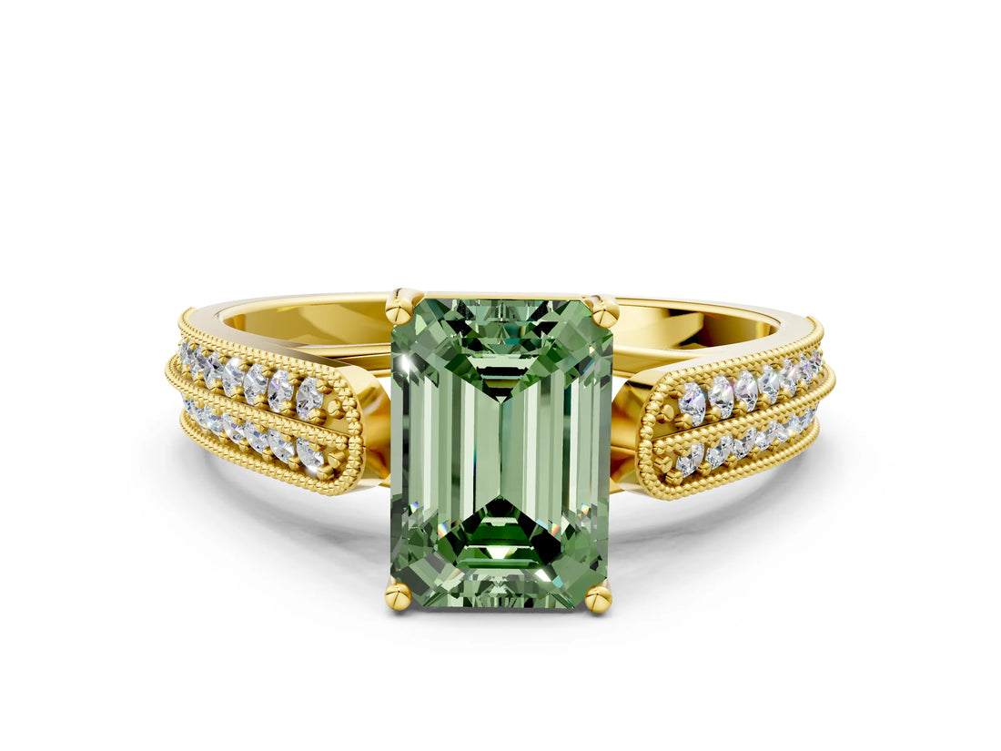 Yellow gold Fancy Green Emerald Cut Cut Pave Split Shank Engagement Ring with Four-Prong Setting