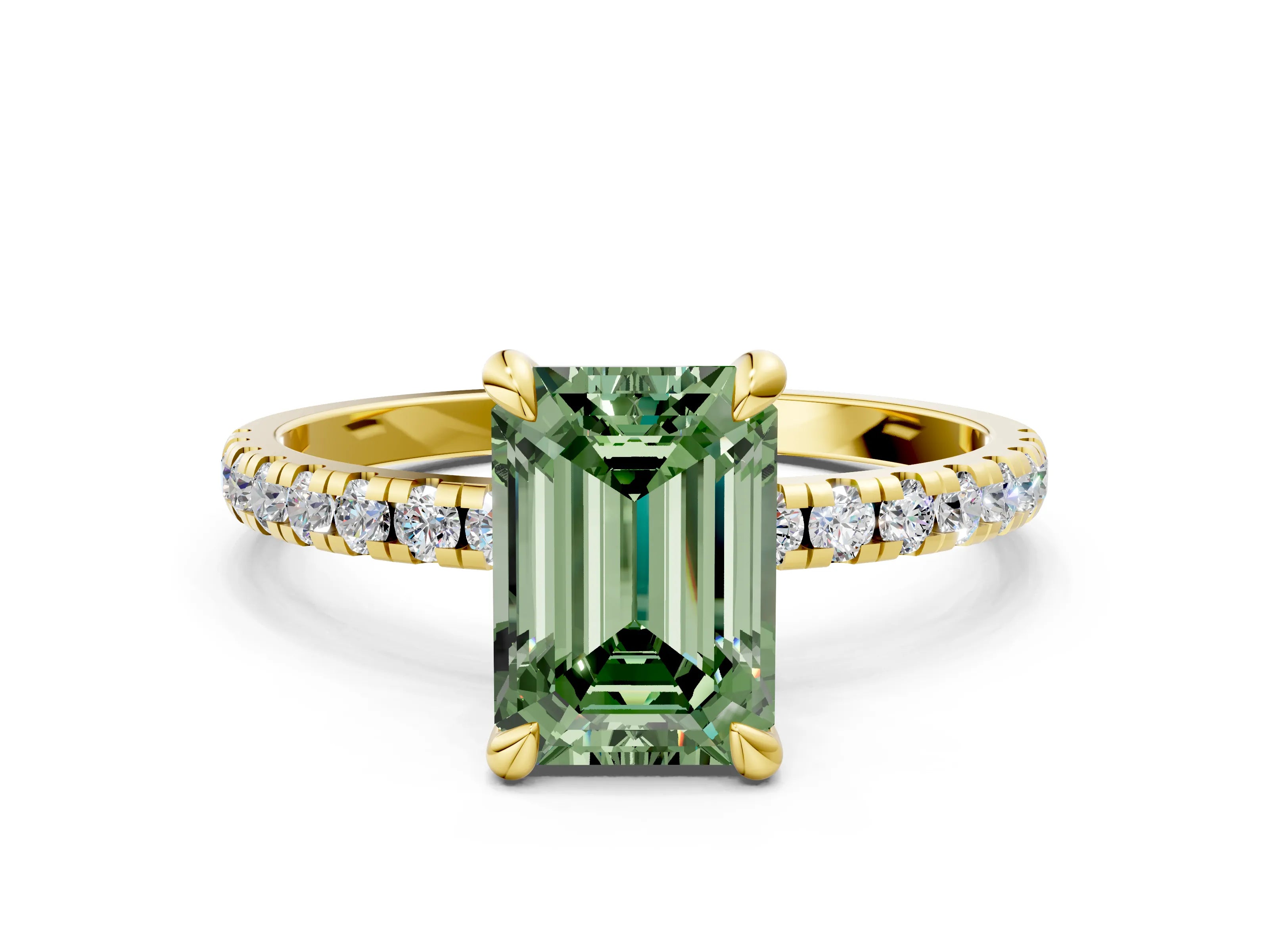 Yellow gold Fancy Green Emerald Cut Diamond Brilliant Solitaire Ring with Pavé Band and Four-Prong Setting