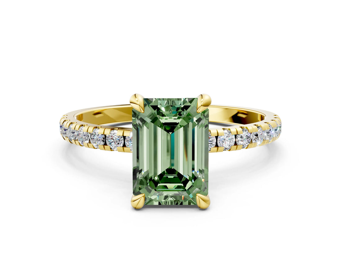 Yellow gold Fancy Green Emerald Cut Diamond Brilliant Solitaire Ring with Pavé Band and Four-Prong Setting_12