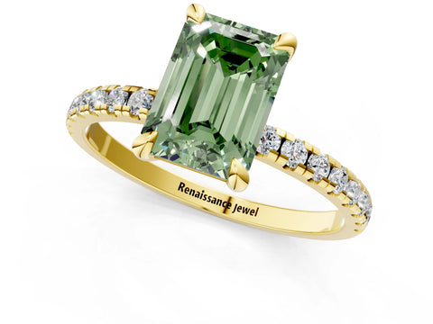 Yellow gold Fancy Green Emerald Cut Diamond Brilliant Solitaire Ring with Pavé Band and Four-Prong Setting_1