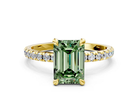 Yellow gold Fancy Green Emerald Cut Diamond Brilliant Solitaire Ring with Pavé Band and Four-Prong Setting