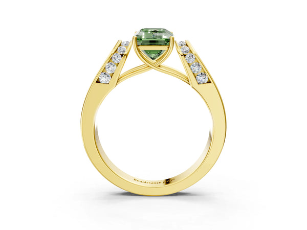 Yellow Gold Emerald Cut Channel Set Engagement Ring Setting for Fancy Green Center with Wide Band