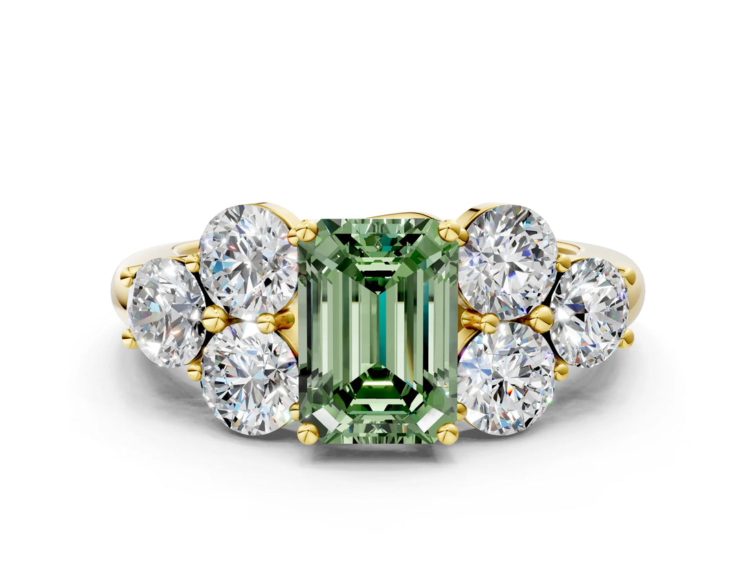 Yellow gold Fancy Green Emerald  Cut Diamond Cluster Ring with Round Accent Stones and Prong Setting on a Classic Band_48