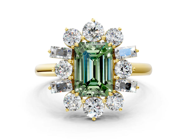 Yellow gold Fancy Green Emerald Cut Diamond Cluster Ring with Round and Baguette Stones, Split Shank Band, Prong Setting
