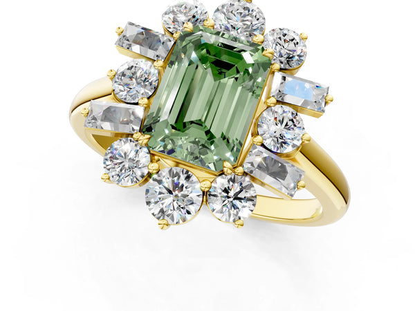 Yellow gold Fancy Green Emerald Cut Diamond Cluster Ring with Round and Baguette Stones, Split Shank Band, Prong Setting